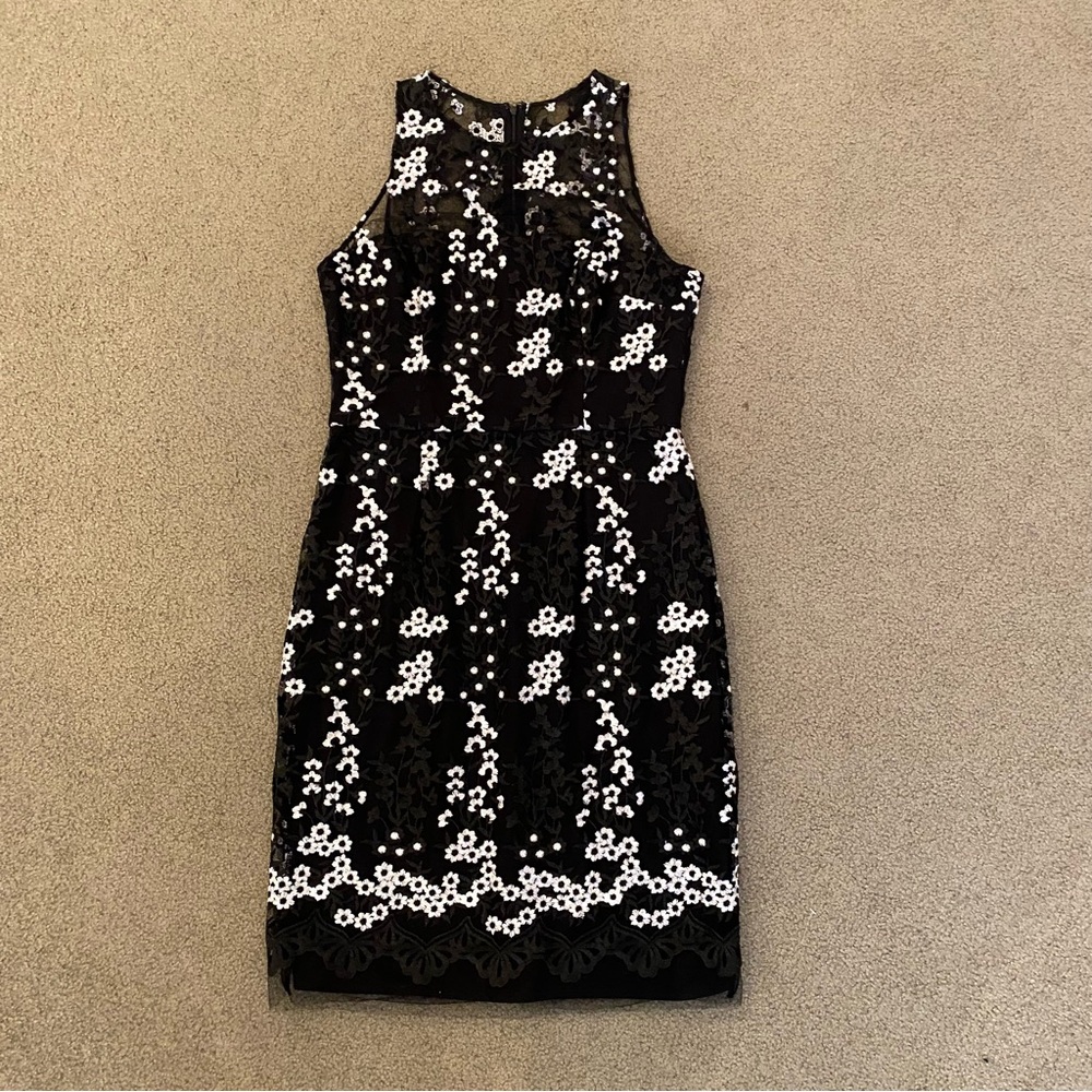 Betsey Johnson embroidered sleeveless mesh dress lined black white sz 10